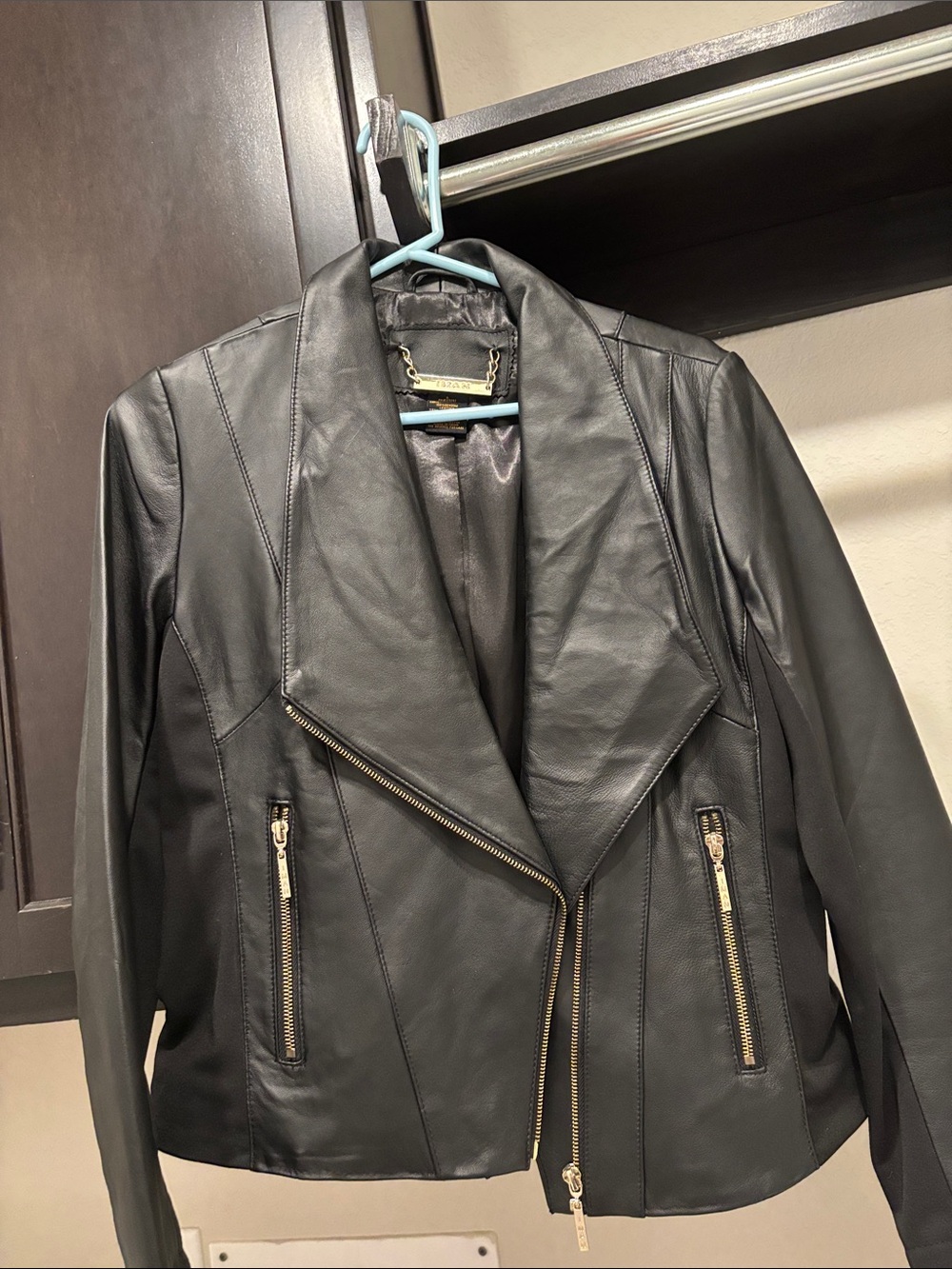 IMAN Black Faux Leather Moto Jacket with Gold Zippers